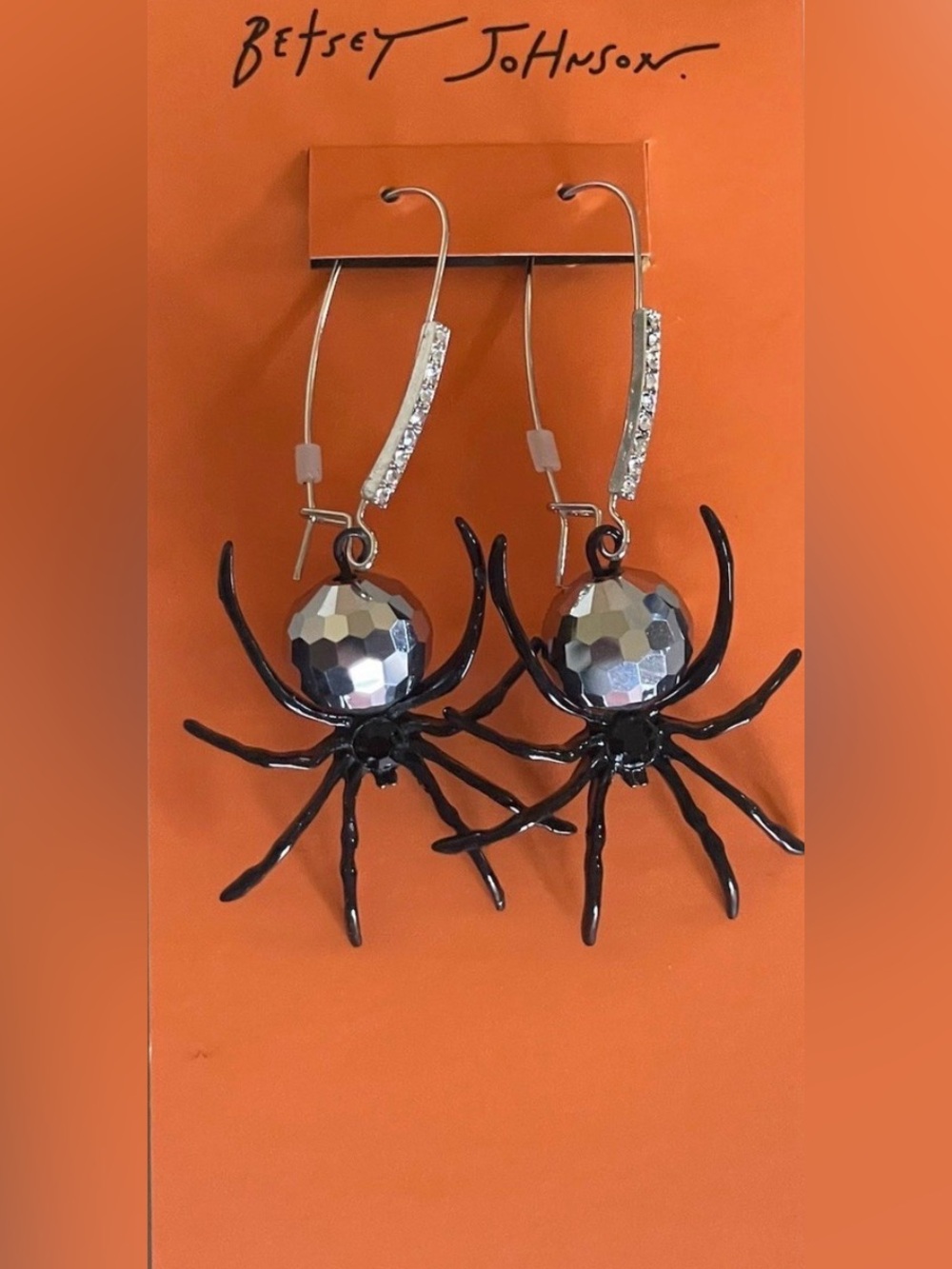 BETSEY JOHNSON SILVER TONE DISCO BALL SPIDER DROP EARRINGS IN BLACK/ RHODIUM 3"